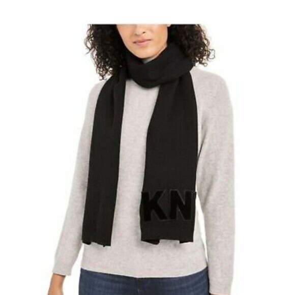 (NWT) DKNY Women's 2 Pc. Black Logo Velvet Flocked Flat Knit Scarf & Beanie Set - Picture 6 of 10